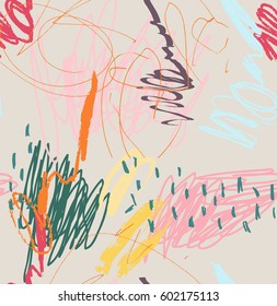 Abstract scribbles and dots green gray.Creative abstract colorful seamless pattern. Tribal ethnic motives. Universal bright background for greeting cards, invitations. Had drawn ink and marker texture