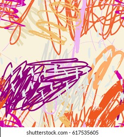Abstract scribbles and dots purple orange.Creative abstract colorful seamless pattern. Universal bright background for greeting cards, invitations. Had drawn ink and marker texture.