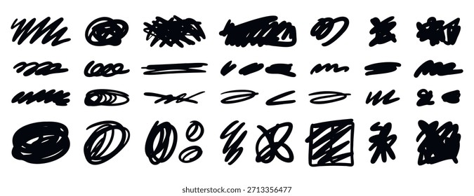 Abstractas garabatos monocromo arte de línea con trazos expresivos, dibujado a mano. Ilustración vectorial.