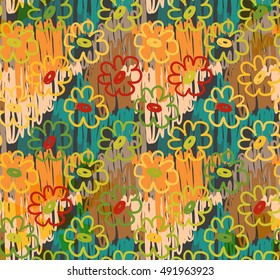 Abstract scribbles with orange all over flowers.Hand drawn with ink and marker brush seamless background.Ethnic design.