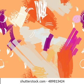 Abstract scribbles orange purple and white.Hand drawn with ink and marker brush seamless background.Ethnic design.