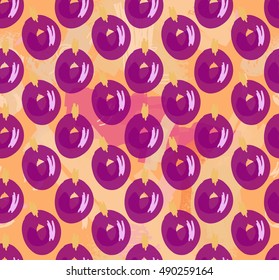 Abstract scribbles with purple berries on orange.Hand drawn with ink and marker brush seamless background.Ethnic design.