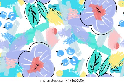 Abstract scribbles with purple flower and berries.Hand drawn with ink and marker brush seamless background.Ethnic design.