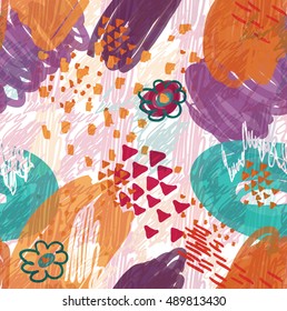 Abstract scribbles purple with flower and triangles.Hand drawn with ink and marker brush seamless background.Ethnic design.