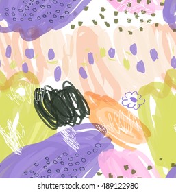 Abstract scribbles purple orange with flower and dots.Hand drawn with ink and marker brush seamless background.Ethnic design.