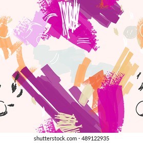 Abstract scribbles purple orange and light pink.Hand drawn with ink and marker brush seamless background.Ethnic design.
