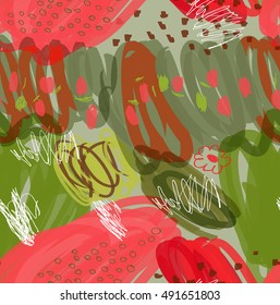 Abstract scribbles red green with flower and dots.Hand drawn with ink and marker brush seamless background.Ethnic design.