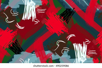 Abstract scribbles red and green.Hand drawn with ink and marker brush seamless background.Ethnic design.