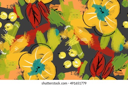 Abstract scribbles with yellow flower and berries.Hand drawn with ink and marker brush seamless background.Ethnic design.