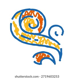 Abstract scroll drawing with a bold blue outline and wavy or zig zag internal filling in shades of orange and yellow, creating an organic and flowing doodle ornament