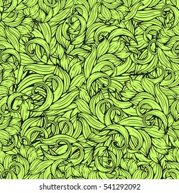 Abstract scrollwork seamless pattern, vector background. Green plants, grass, curls, waves. Natural stylized floral ornament. Hand drawing for design of wallpaper, fabric, wrap, decoration