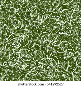 Abstract scrollwork seamless pattern, vector background. Green plants, grass, curls, waves. Natural stylized floral ornament. Hand drawing for design of wallpaper, fabric, wrap, decoration