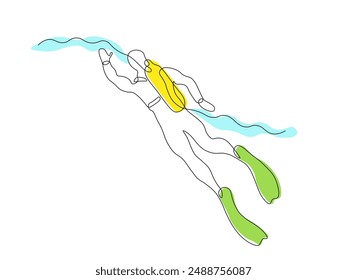 Abstrakter Taucher, Taucher schwimmen unter Wasser mit Tauchausrüstung, durchgehende Single Line Art Handzeichnung Skizze