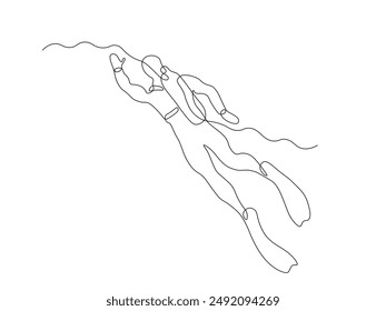 Abstract scuba diver, diver swimming underwater with scuba gear, continuous single line art hand drawing sketch