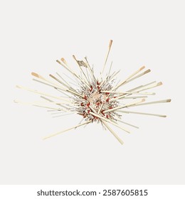 Abstract sculpture with wooden sticks radiating outward. Wooden sticks create a dynamic, abstract form. The sculpture's wooden sticks add texture and interest. Vintage marine life illustration vector.