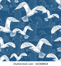 Abstract sea background, beach theme fashion seamless pattern, monochrome exotic vector wallpaper, vintage fabric, blue wrapping with seagull and wave  ornaments - summer, maritime theme for design