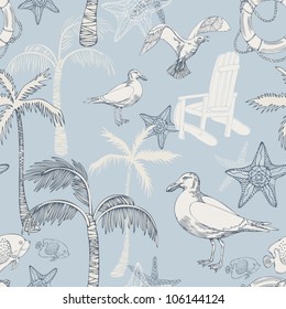 Abstract sea background, beach theme fashion seamless pattern, beautiful exotic vector wallpaper, vintage fabric, blue wrapping with seagull and palm ornaments - summer, maritime theme for design