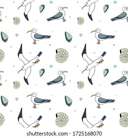 Resumen del fondo marino, moda temática playa patrón sin fisuras, papel tapiz vectorial exótico monocromo, tela vintage, envoltura con gaviota - verano, temática marítima para el diseño