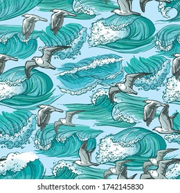 Abstract sea background, beach theme fashion seamless pattern, monochrome exotic vector wallpaper, vintage fabric, blue wrapping with seagull and wave ornaments - summer, maritime theme seamless