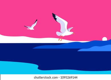 Abstract sea background with gulls. Sea coast, sky, sun, seagulls. Vector illustration