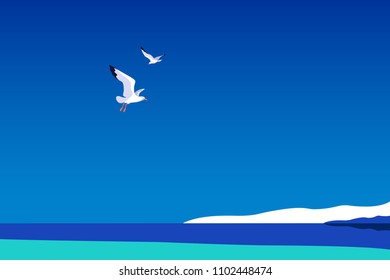 Abstract sea background with gulls. Sea coast, sky, sun, flaying seagulls. Vector illustration