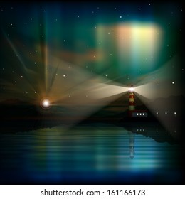 abstract sea background with lighthouse and aurora borealis