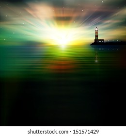 abstract sea background with lighthouse clouds and sunrise