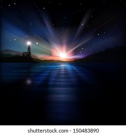 abstract sea background with lighthouse and mountains