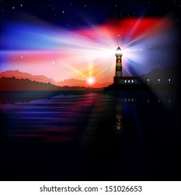 abstract sea background with lighthouse mountains and sunrise