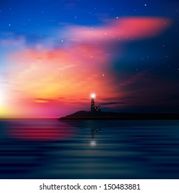 abstract sea background with lighthouse and sunrise