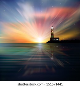 abstract sea background with lighthouse and sunrise