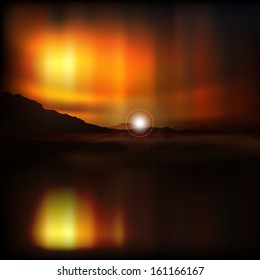 abstract sea background with mountains and aurora borealis