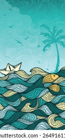 Abstract sea background. Sea, palm, summer, fish, paper ship, gulls. Summer vertical background for your design. There is blank place for your text in the sky. 
