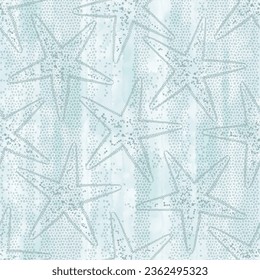 Abstract sea background. Seamless pattern  with starfish on blue watercolor.  Outline. Vector. Perfect for design templates, wallpaper, wrapping, fabric and textile.