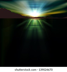abstract sea background with sunrise and mountains