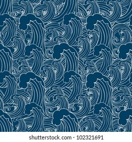 Abstract sea background, wave theme fashion seamless pattern, monochrome vector wallpaper, creative vintage fabric, fantasy blue wrapping with wave ornaments - summer, maritime theme for design