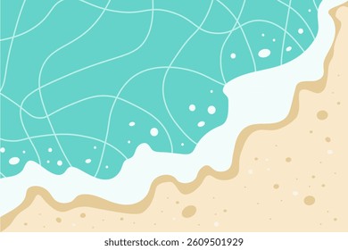 Abstract sea beach background. Vector illustration of summer vacation coast with soft waves and golden sand in flat style. Nature landscape with top view.