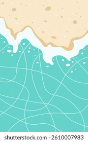 Abstract sea beach background. Vector illustration of summer vacation coast with soft waves and golden sand in flat style. Nature landscape with top view.