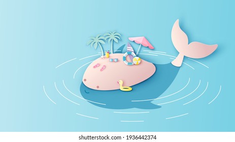 Resumen de la playa de mar sobre la cabeza de una ballena flotando en el mar. Isla de ballenas. corte de papel y estilo artesanal. vector, ilustración.