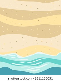 Abstract sea beach vertical background. Vector illustration of summer vacation coast with soft waves and golden sand in flat style. Nature landscape with top view.