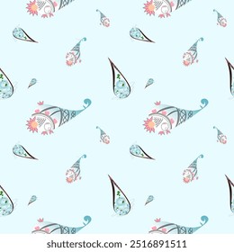 Abstract Sea Blue Turquoise Paisley hand-draw Seamless Pattern, Navajo, Native American,  fabric pattern, carpet, clothe