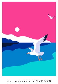 Abstract sea coast background. Pink sky, blue water, white gulls. Vector illustration