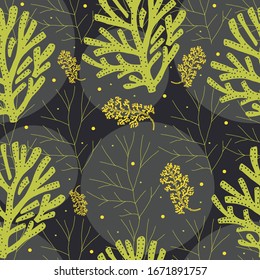 Abstract sea coral reef silhouettes on black background. Vector seamless pattern. Fashion design for gift paper, textile, fabric, print, scrapbook paper.