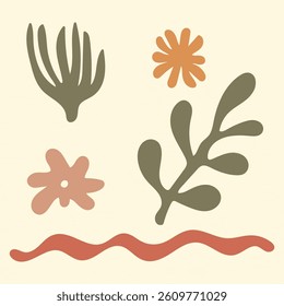 Abstract sea elements with organic shapes and flowing lines create a minimalist composition. Simplified marine motifs form a harmonious pattern with a modern aesthetic. Cartoon vector illustration.