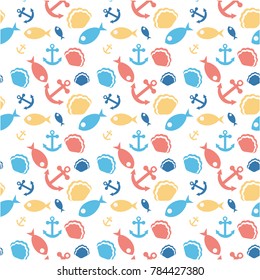Abstract sea elements pattern on white background. Set of art decorative icons with anchor, fish and other. Creative print collection