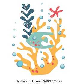 Abstract sea elements underwater on a white background. Undersea world. Sticker with fish, coral, bubbles and algae. Vector label for cards, design and decoration.