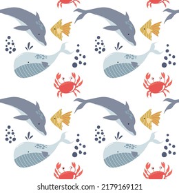 Abstract sea fish seamless pattern. Vector of ocean life underwater in doodle cartoon style background. Transparency
