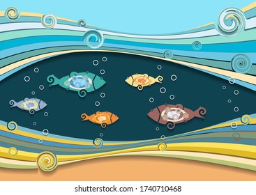 Abstract Sea, Fish Under Water. Vector Illustration Of Paper Cut.