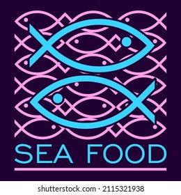 abstract sea food logo made of fish silhouettes on a dark background