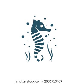 Abstract Sea horse logo template. Vector sea horse with air bubbles and algae on white background.